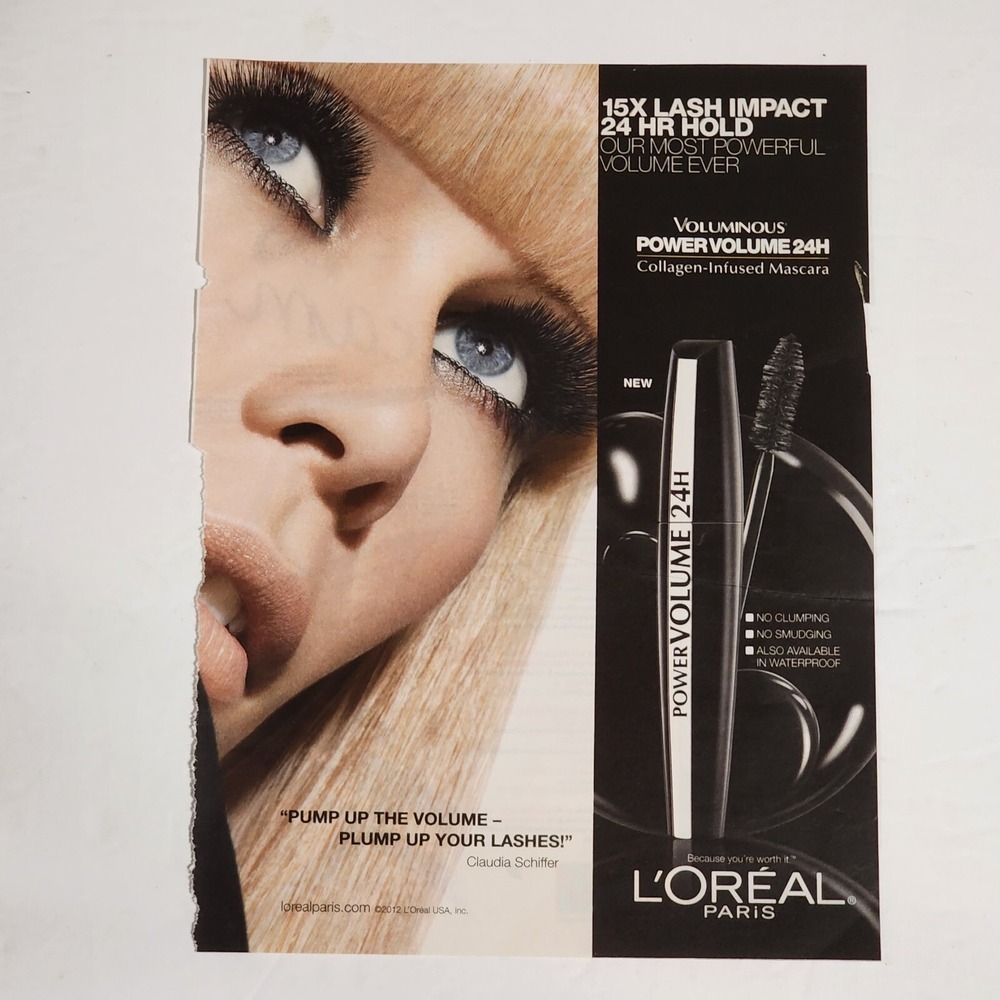Print Ad L'oreal Paris mascara Claudia Schiffer Power Volume 24H clipping 2012